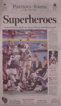 framed boston globe newspaper cover of patriots 2005 super bowl victory